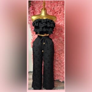 Ruffled Strapless Crop Top & Wide-Leg Pant Set - Black